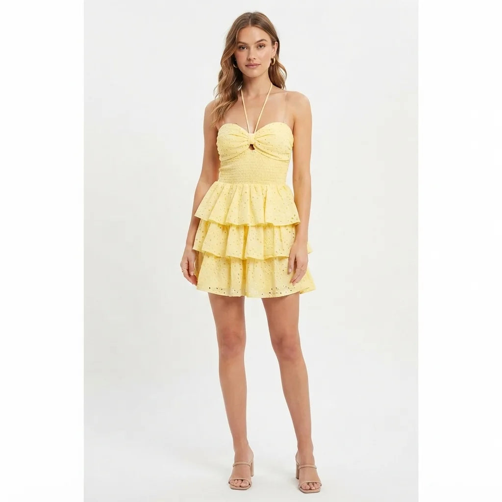 Emerald Sundae Women's Yellow Eyelet Tiered Mini Dress