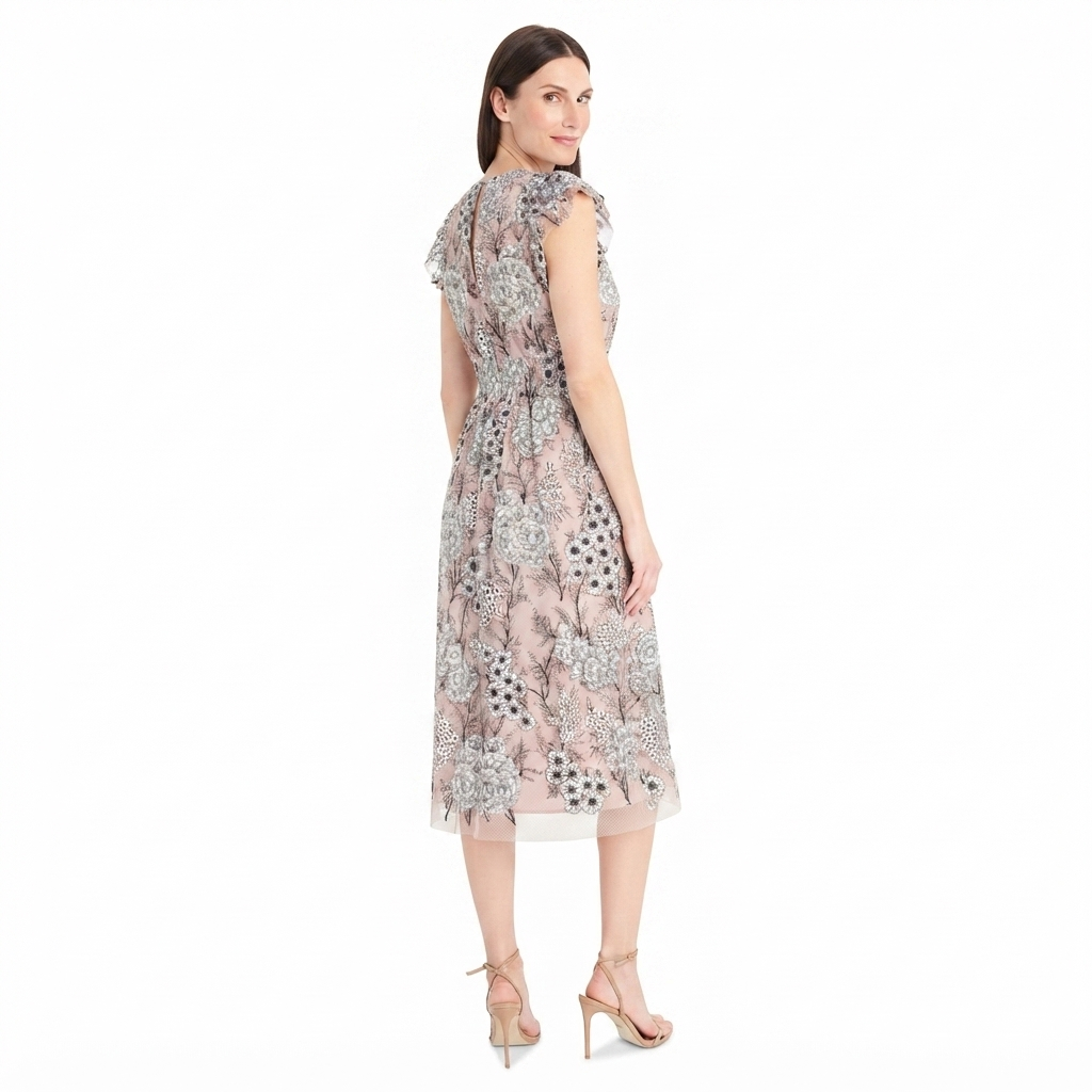 Maggy London Women's Multicolor Floral  V-Neck Short Flutter Sleeve Midi Dress