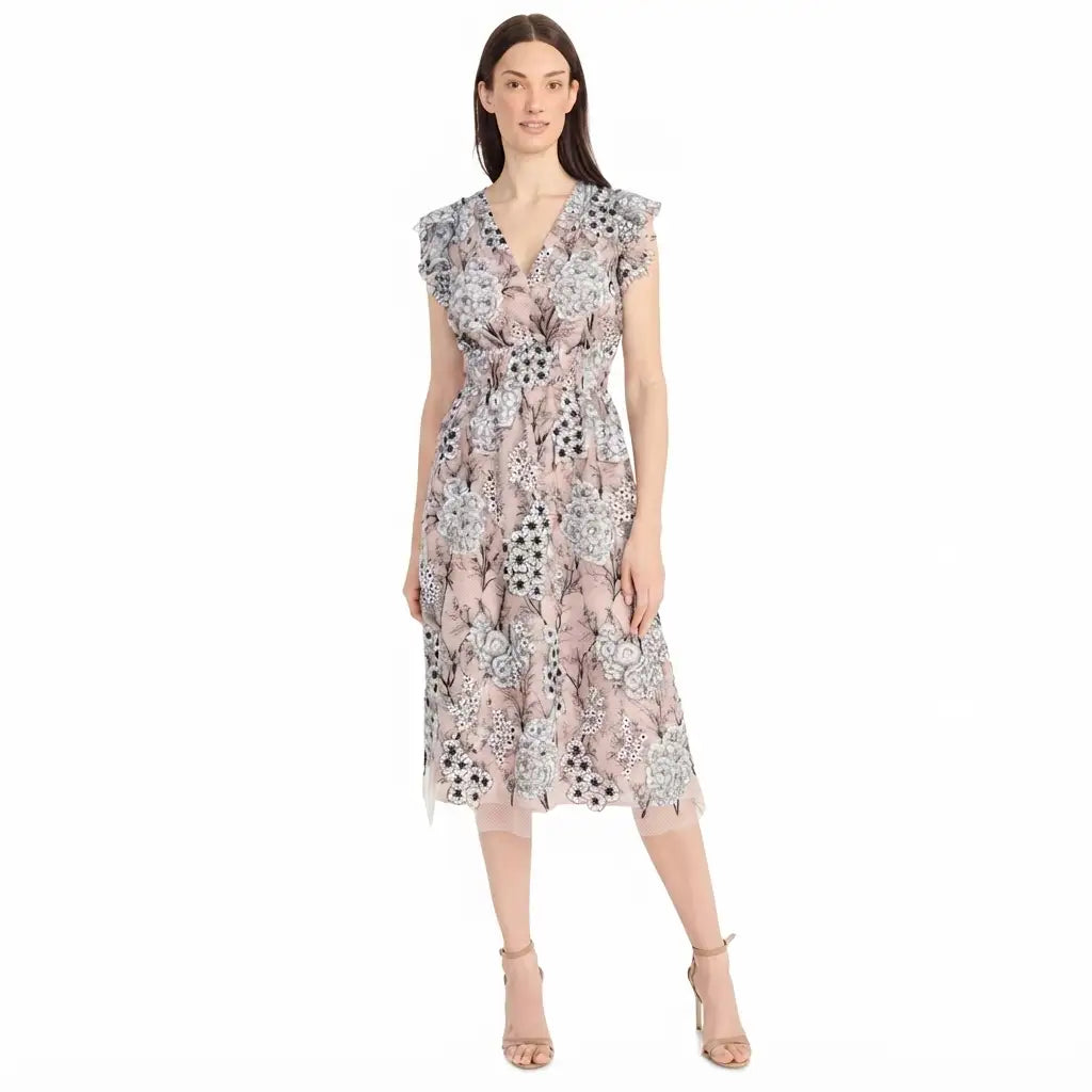 Maggy London Women's Multicolor Floral  V-Neck Short Flutter Sleeve Midi Dress