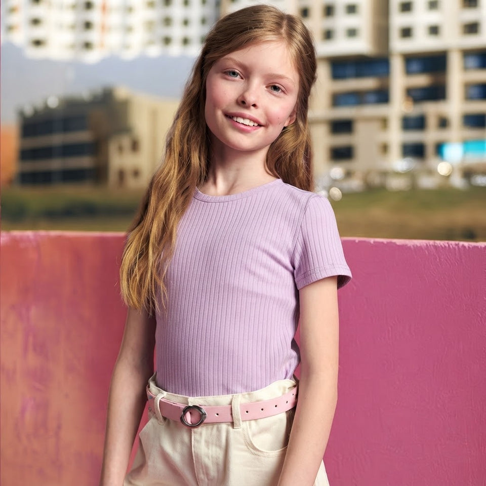 Sinsay Girl's Purple Round Neck Ribbed T-Shirt