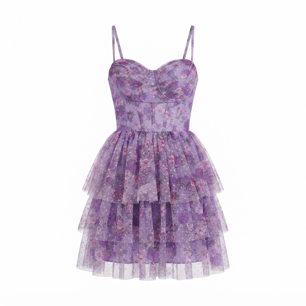 City Studios Women's Purple Floral Tulle Tiered Corset Dress