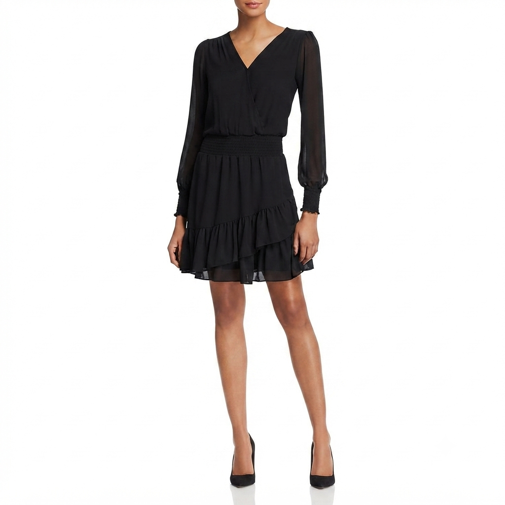 A woman modeling a black long-sleeve mini dress with a V-neckline, fitted waist, and layered ruffle hem, paired with black heels against a plain white background.