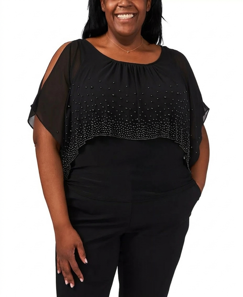 MSK Women's Black Plus Size Beaded Overlay Blouse | MSK In Lebanon