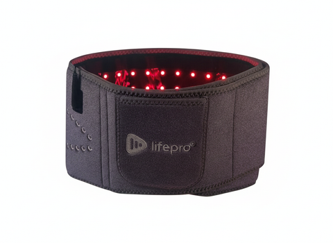 Black waist belt with red LED lights and 'lifepro' branding on a white background