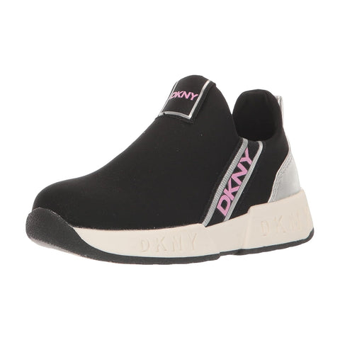 Black and white slip-on sneaker with 'DKNY' branding on a white background