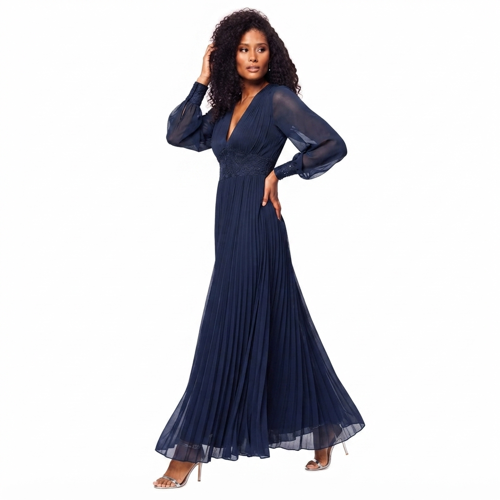 Betsy & Adam Women's Navy Long Mesh Sequin-Waist Dress