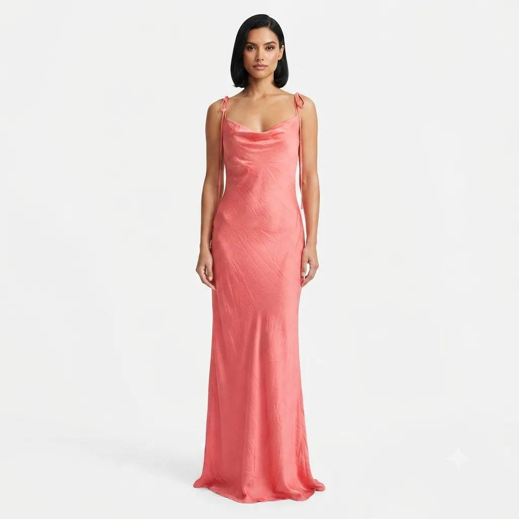 Alex & Sophia Women's Pink Cowl Neck Tie-Strap Satin Maxi Dress