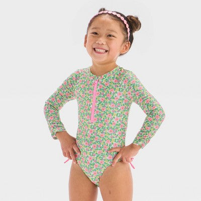 Cat & Jack Baby Girl's Green /Pink Long Sleeve Half Zip One Piece Rash Guard Swimsuit  |Cat & Jack in Lebanon
