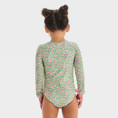 Cat & Jack Baby Girl's Green /Pink Long Sleeve Half Zip One Piece Rash Guard Swimsuit  |Cat & Jack in Lebanon