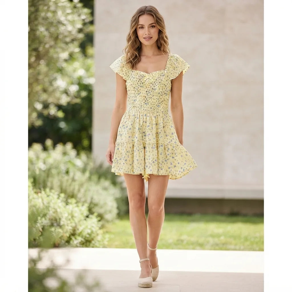 Self Esteem Women's Yellow Floral Ruffle Sleeve Smocked Tiered Mini Dress