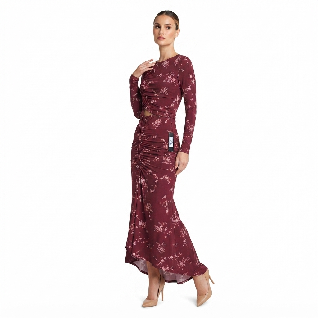 Rachel Roy Women's Dark Mauve Floral Long Sleeve Ruched Maxi Dress