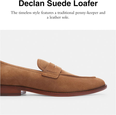 Brown suede loafer with text describing its features on a white background