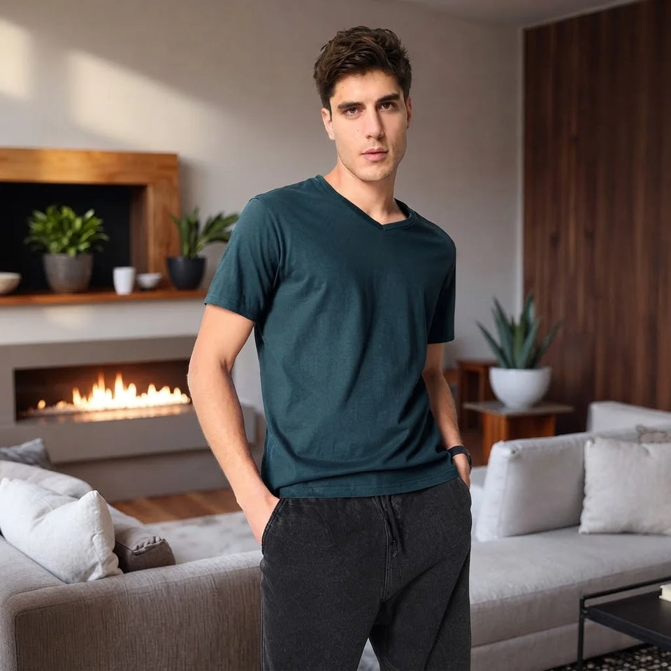 Sinsay Men's Petrol Plain V-Neck T-Shirt