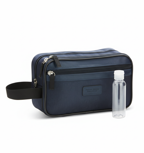 Navy blue toiletry bag with a clear bottle on a white background