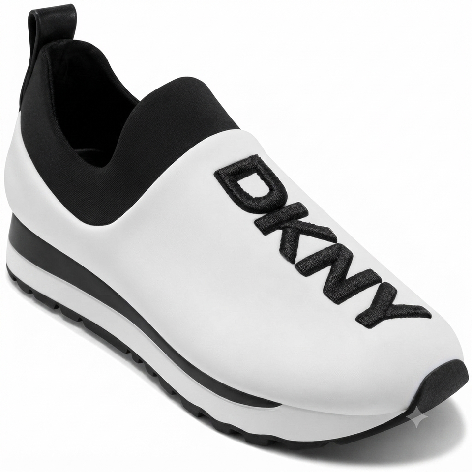 A white slip-on sneaker with a black collar, black sole accents, and a large black embroidered 'DKNY' logo on the side, shown on a white background.