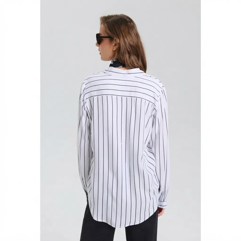 Sinsay Women's White & Black Striped Viscose Shirt