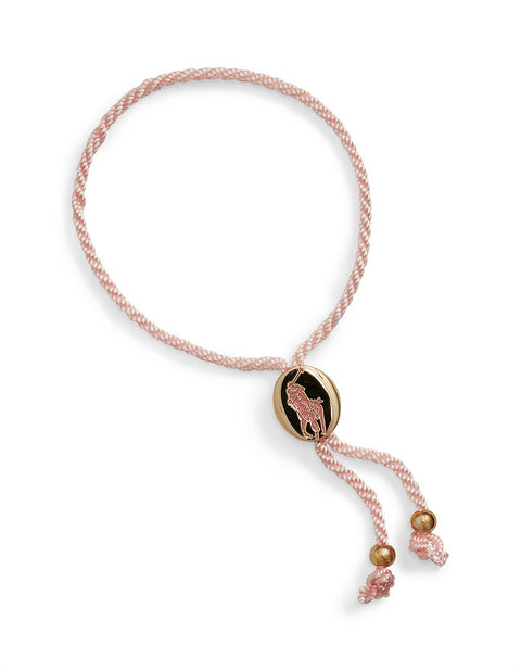 Pink braided bracelet with a round charm featuring a horse design on a white background