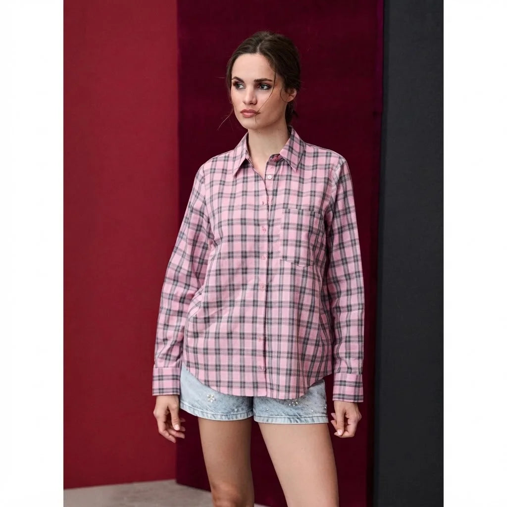 Sinsay Women's Pink & Grey Checked Long-Sleeves Shirt