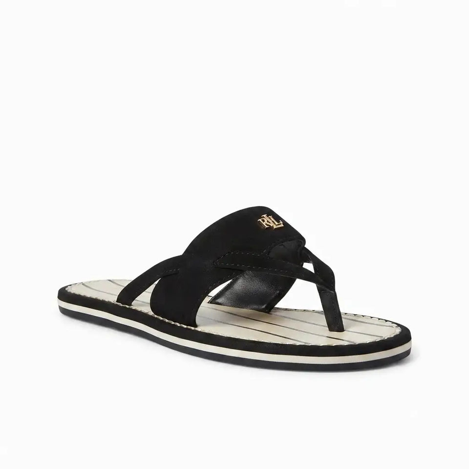 A single black leather thong sandal with a cream-colored striped footbed and a small gold logo on the strap, shown against a plain white background.