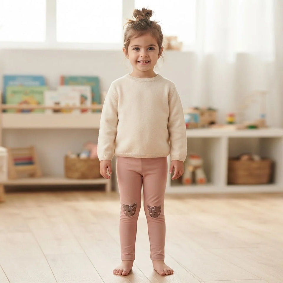 Sinsay Girl's Brown Bear Knees Patches Rib Knit Legging