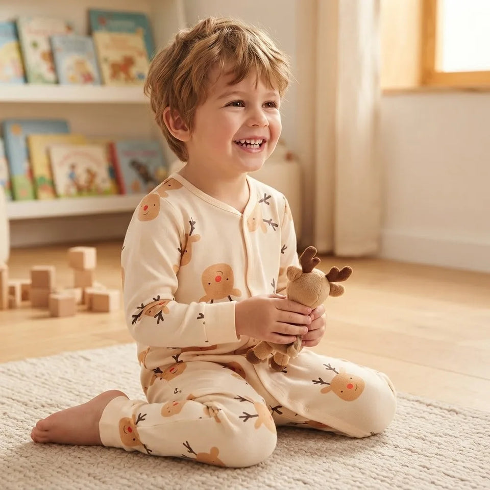 Sinsay Boy's Beige All-Over Reindeer Face Print Overalls