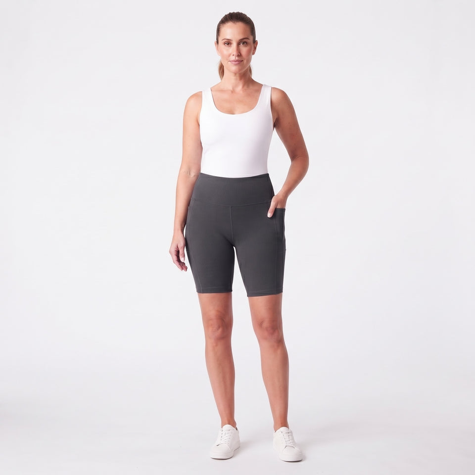 Mondetta Women's Black Ribbed High-Waisted Pocket Biker Short