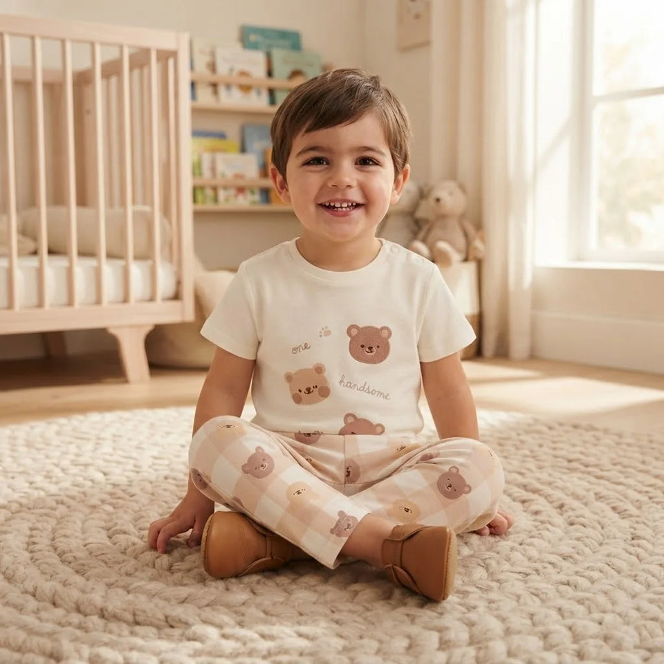 Sinsay Boy's White & Beige Teddy Bear Motif Pajama Set