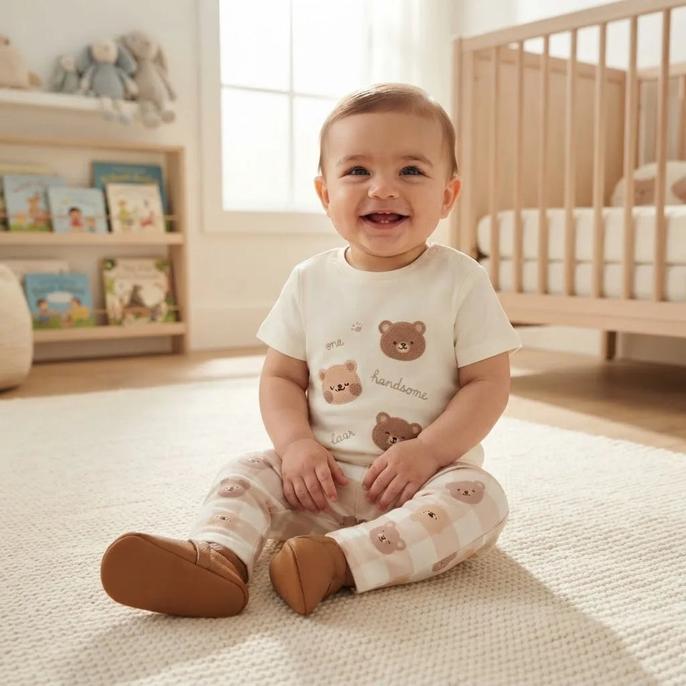 Sinsay Baby Boy's White & Beige Teddy Bear Motif Pajama Set