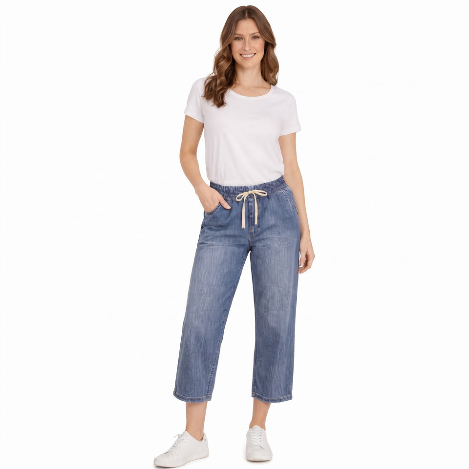 Kensie Women's Dark Blue Wash Drawstring Cropped Jeans
