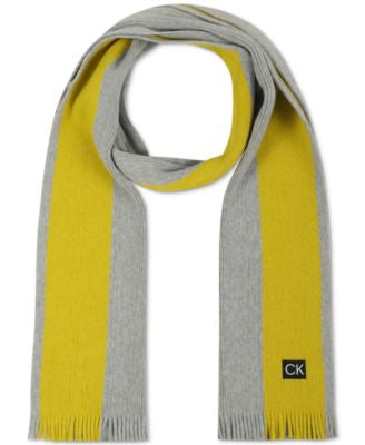 Calvin Klein Men's Grey/Yellow Thick Wool Blend Side Stripe Logo Scarf | Calvin Klein In Lebanon