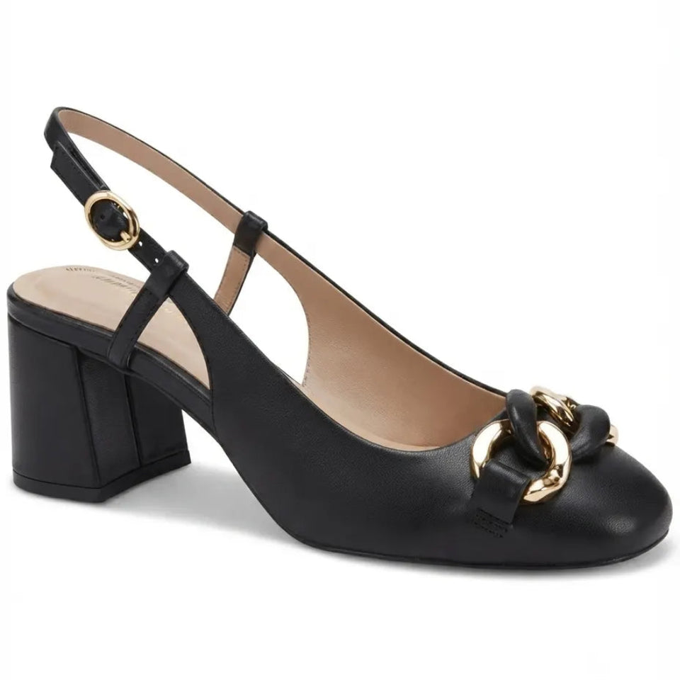 A black leather slingback pump with a chunky block heel and a decorative gold-tone chain detail on the toe, shown against a plain white background.