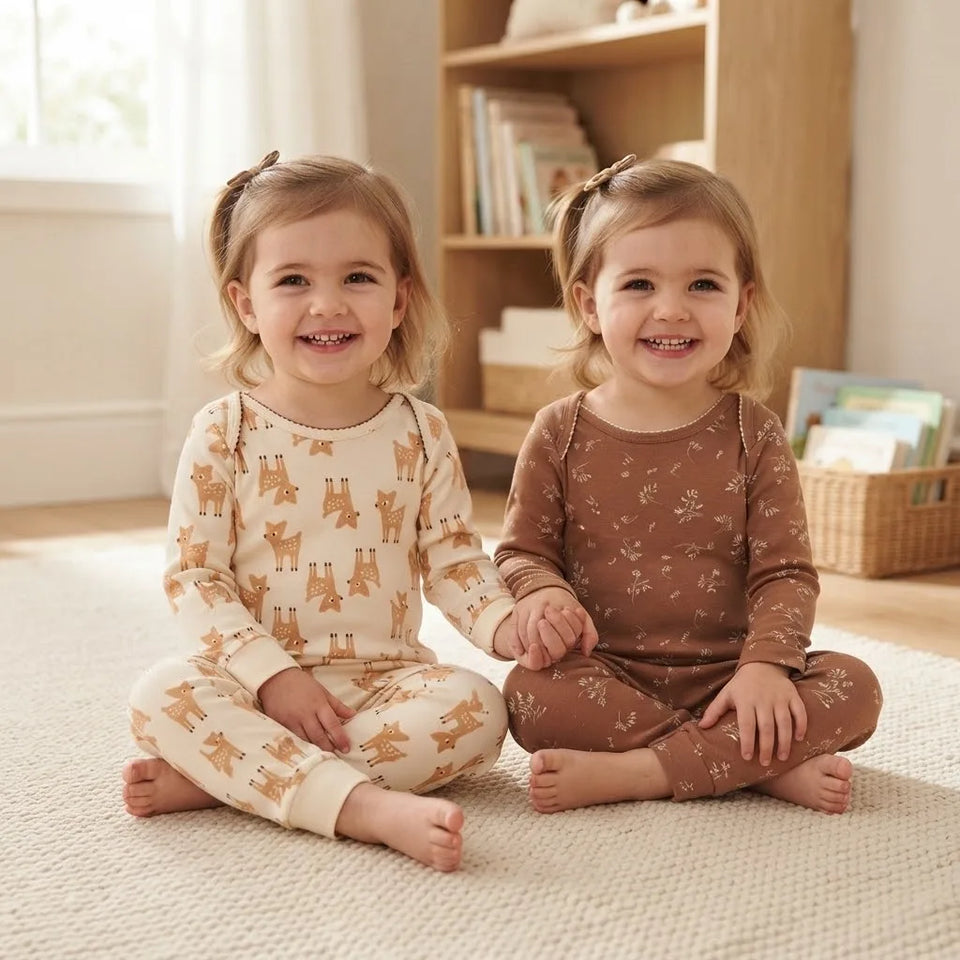 Sinsay Girl's Brown & Cream All Over Printed Long-Sleeves Pack Of 2 Overalls