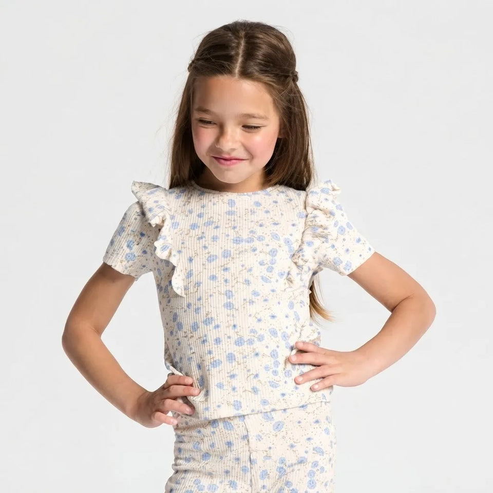 Sinsay Girl's White & Blue Floral Charming Ruffled Shoulders T-Shirt