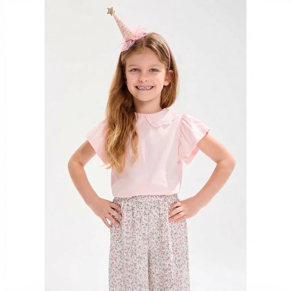 Sinsay Girl's Light Pink Scalloped Peter Pan Collar T-Shirt