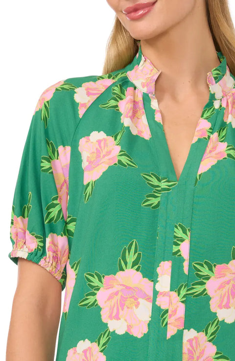 CeCe Women's Medium Green Floral Printed V-Neck Blouse | CeCe In Lebanon