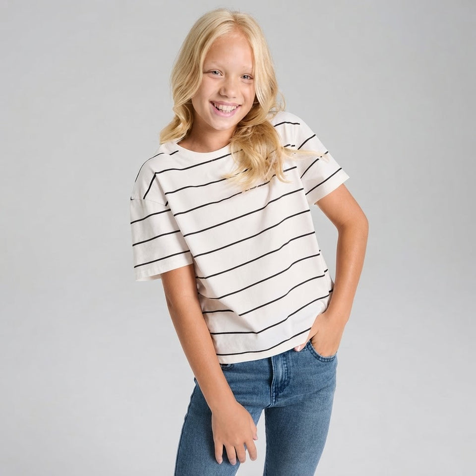 Sinsay Girl's Off White & Black Striped Chest Print T-Shirt