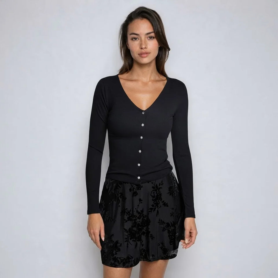 Sinsay Women's Black V-Neck Button-Front Cardigan