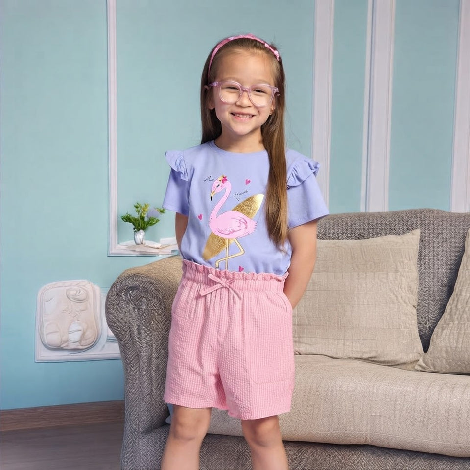 Sinsay Girl's Light Blue Flamingo Graphic Ruffled Shoulder T-Shirt
