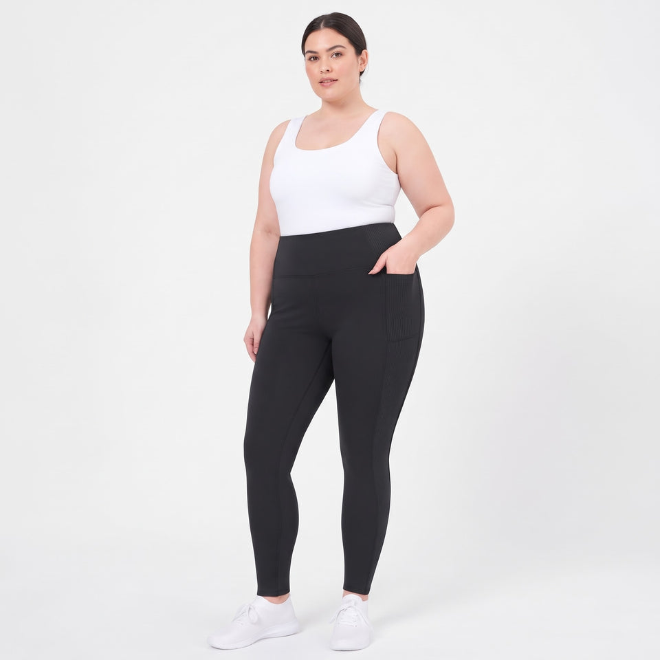 Mondetta Women's Black High Rise Ribbed Panel Leggings