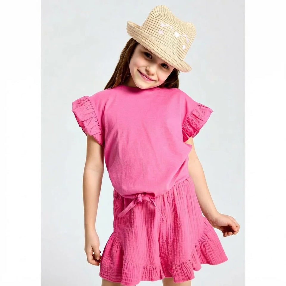 Sinsay Girl's Bright Pink Ruffled Flutter Sleeves T-Shirt