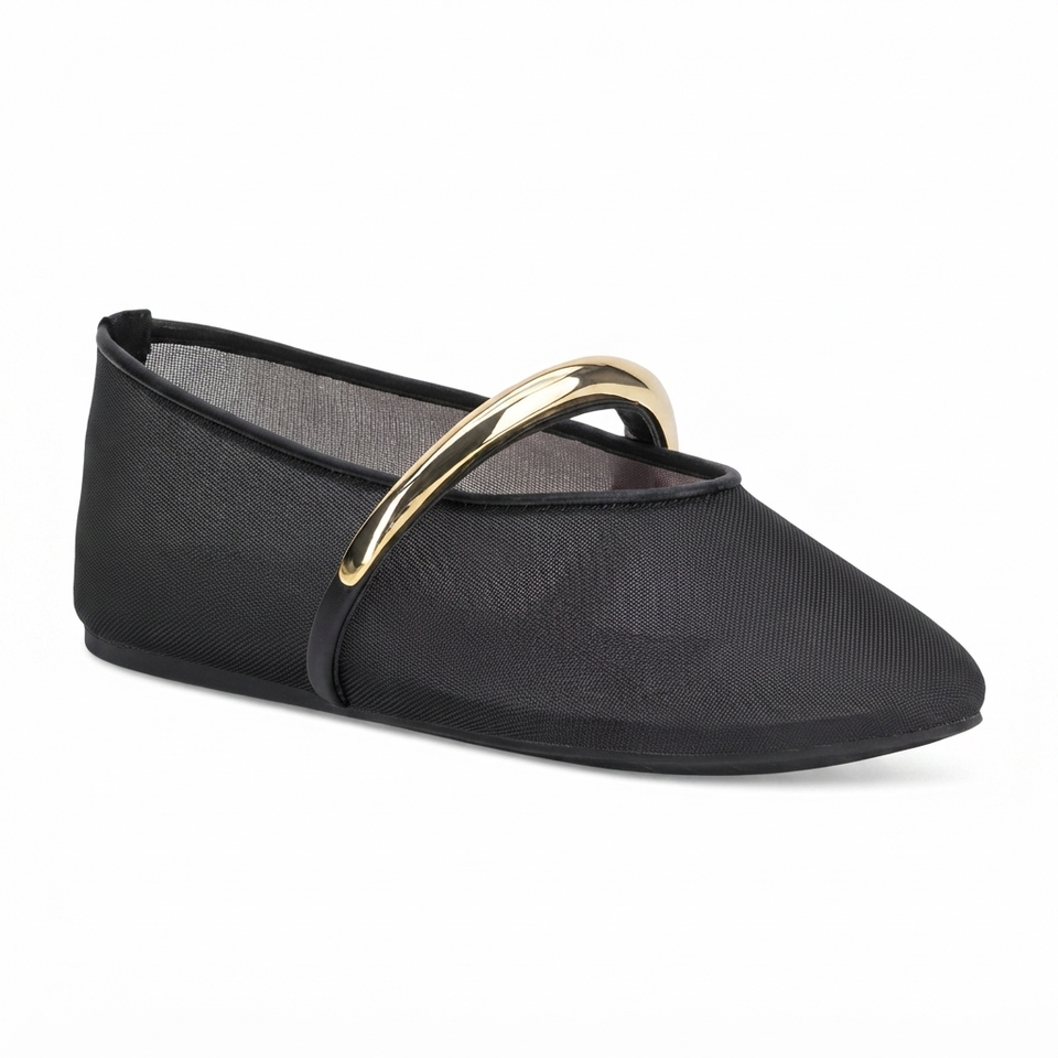 A black flat shoe with a textured mesh upper and a prominent curved gold metal ring detail across the top, shown on a plain white background.