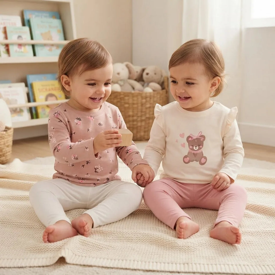 Sinsay Girl's Off White & Dusty Rose Teddy Bear Printed Pack Of 2 Blouse