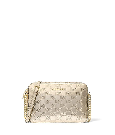 Gold handbag with chain strap on a white background