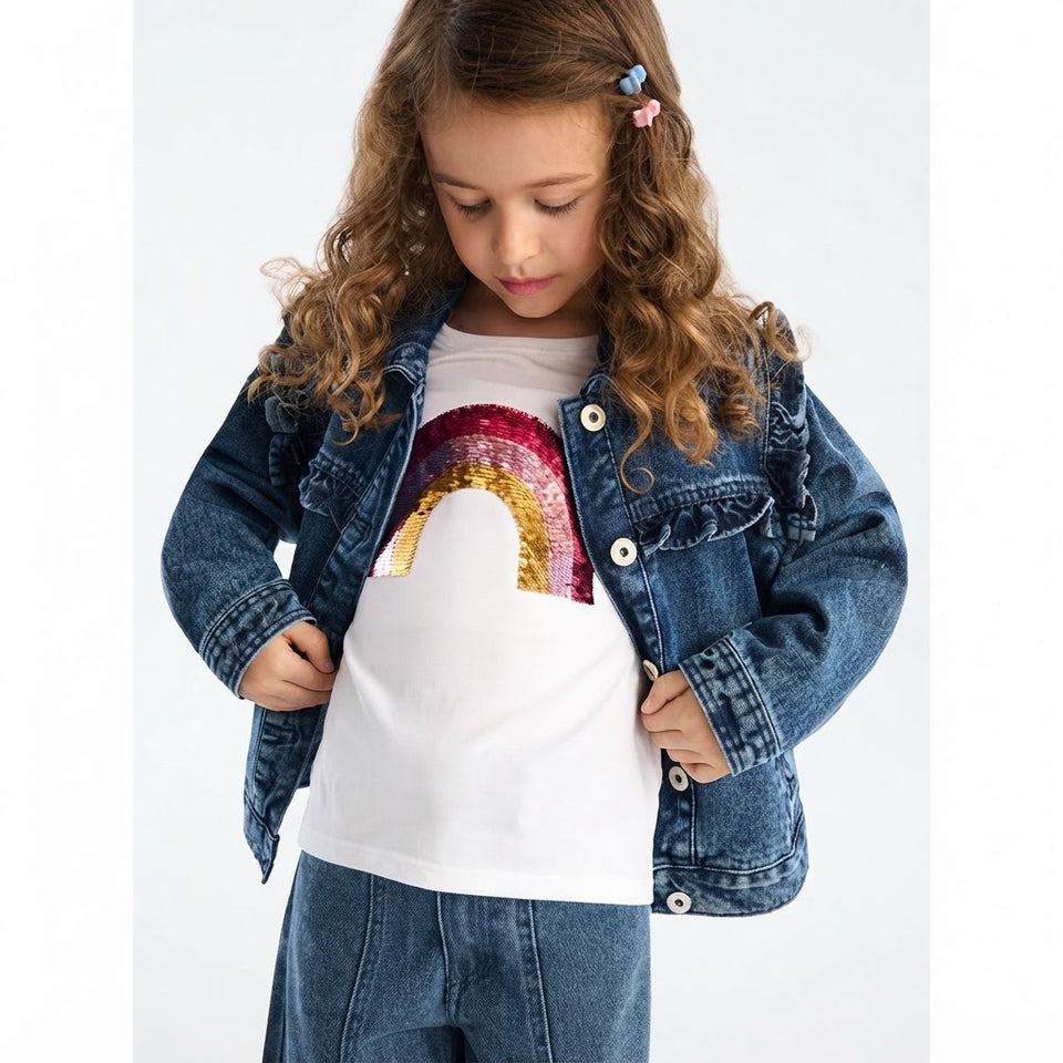 Sinsay Girl's White Reversible Sequin Rainbow Graphic Blouse