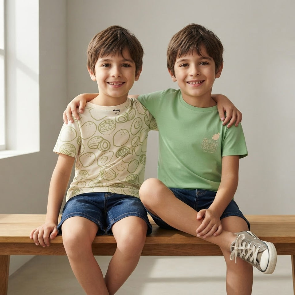 Sinsay Boy's Light Beige & Green Printed Pack Of 2 T-Shirts