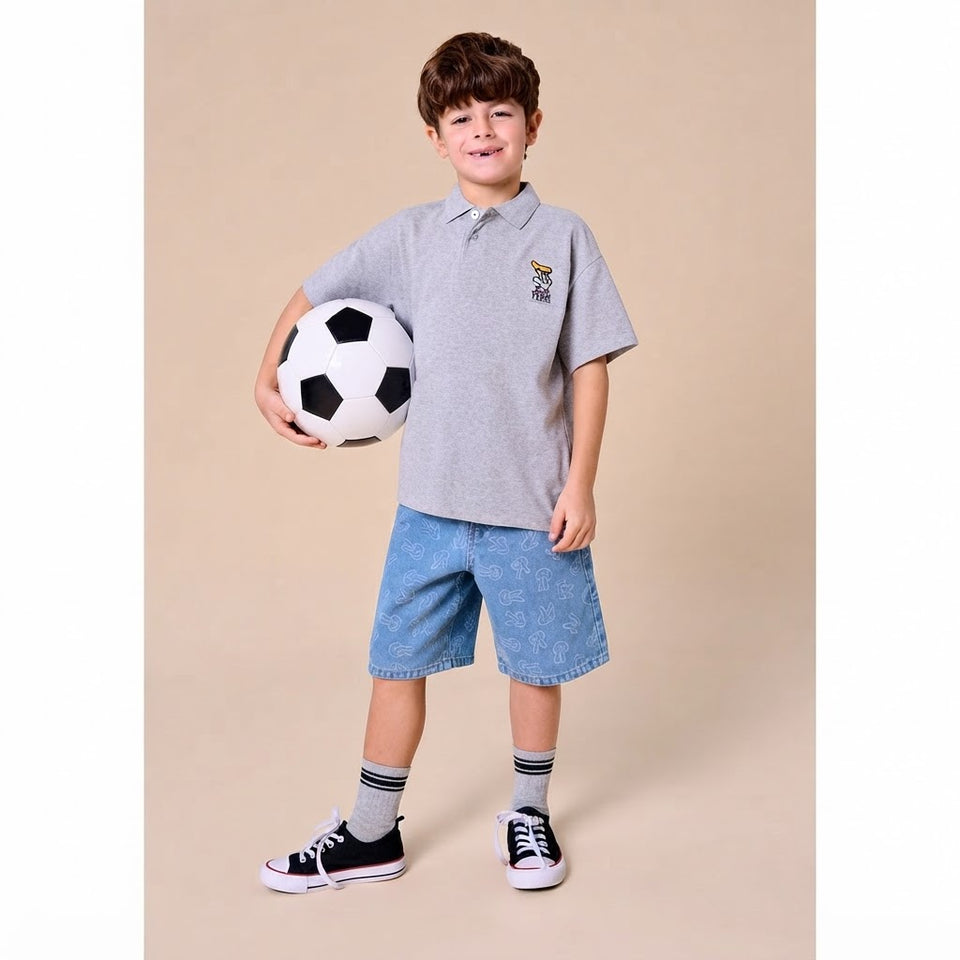Sinsay Boy's Grey Polo-Neck Chest Print T-Shirt