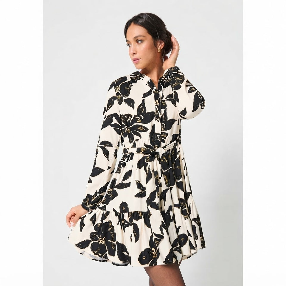 Sinsay Women's Black & Cream Floral Print Tiered Mini Dress