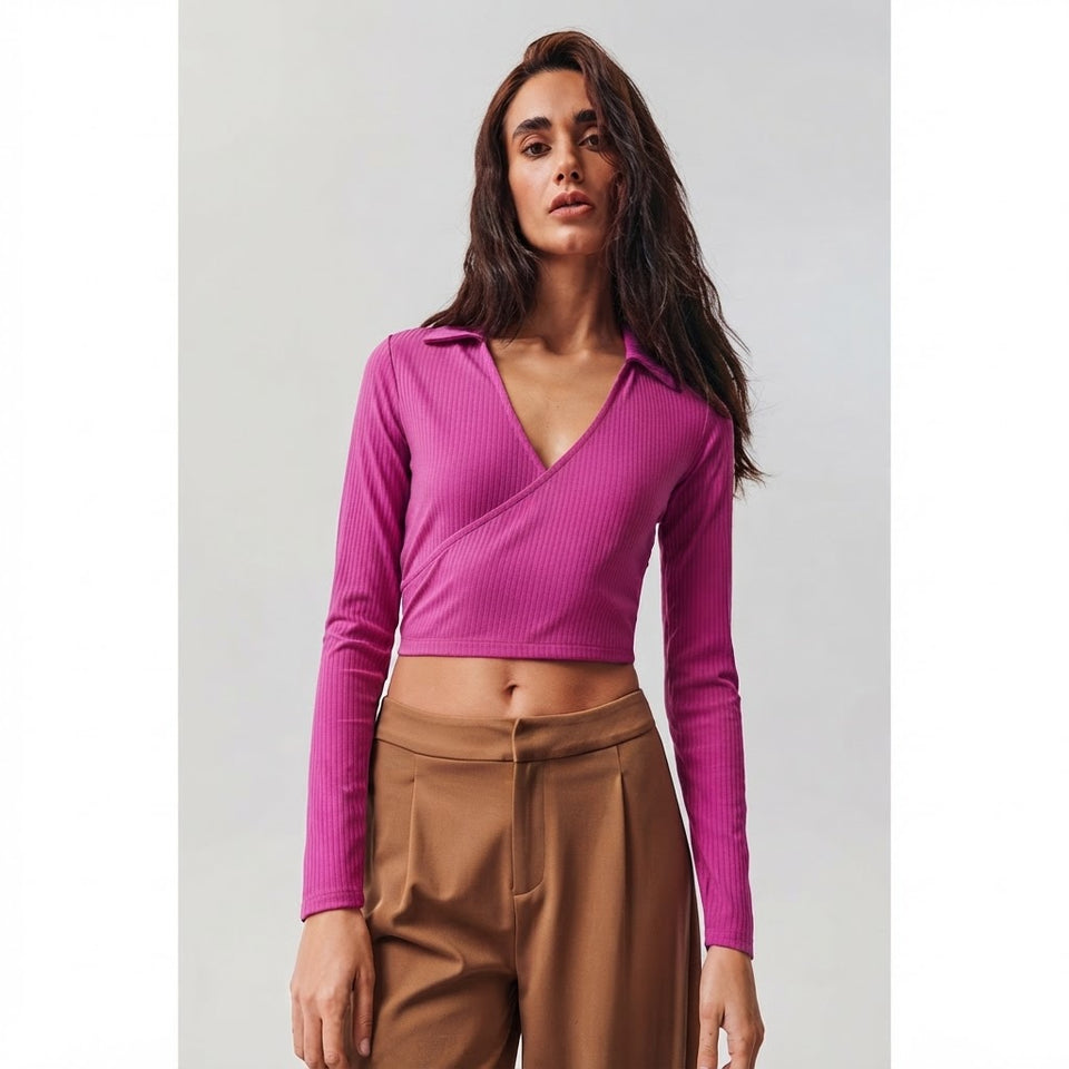 Sinsay Women's Fuchsia Striped Knit Crop Top