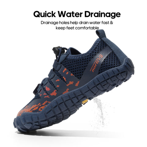 Navy blue water shoe with orange accents on a white background, featuring text about quick water drainage.