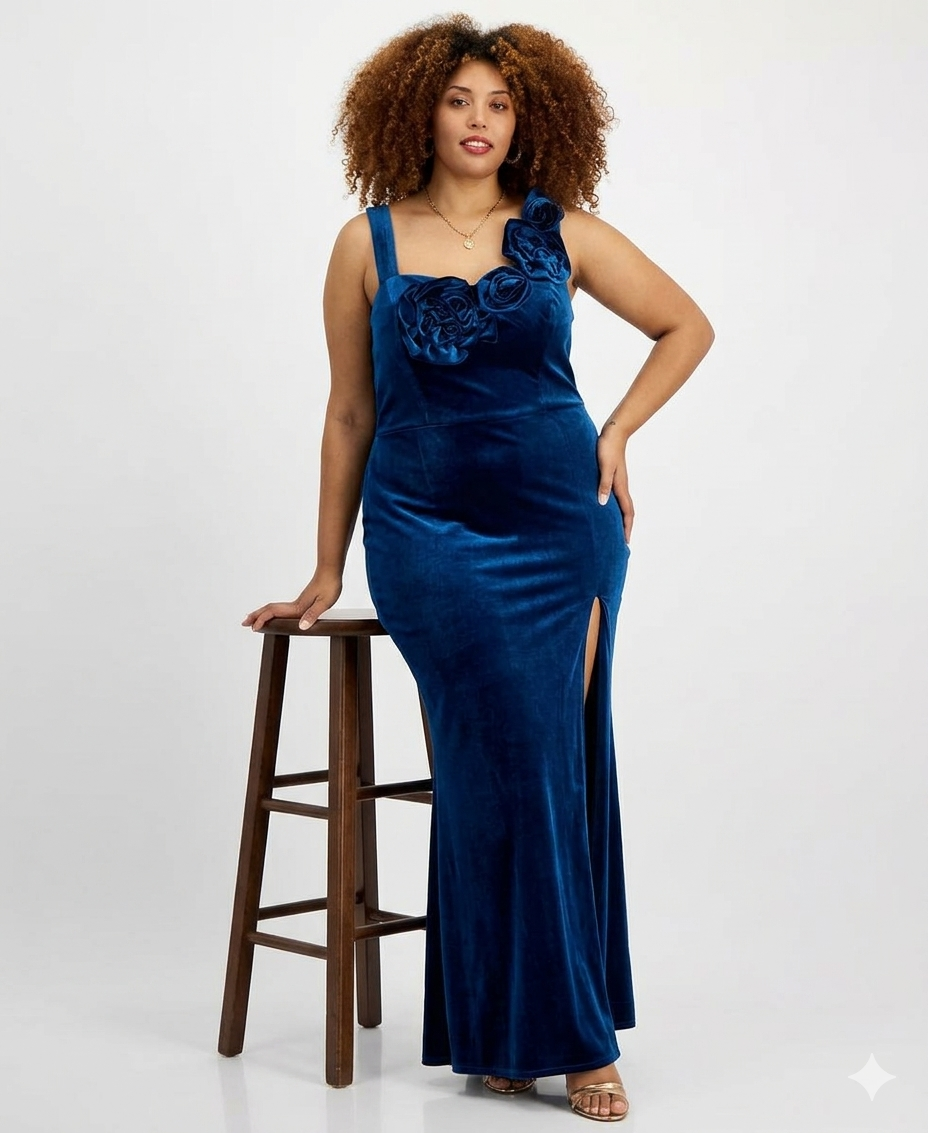 City Studio Women's Deep Teal Plus Size Velvet Floral-Trim Gown Dress | City Studio In Lebanon